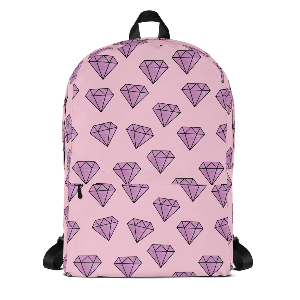 Girls purple diamonds backpack in pink with repeating purple diamond shapes outlined in black on the front side