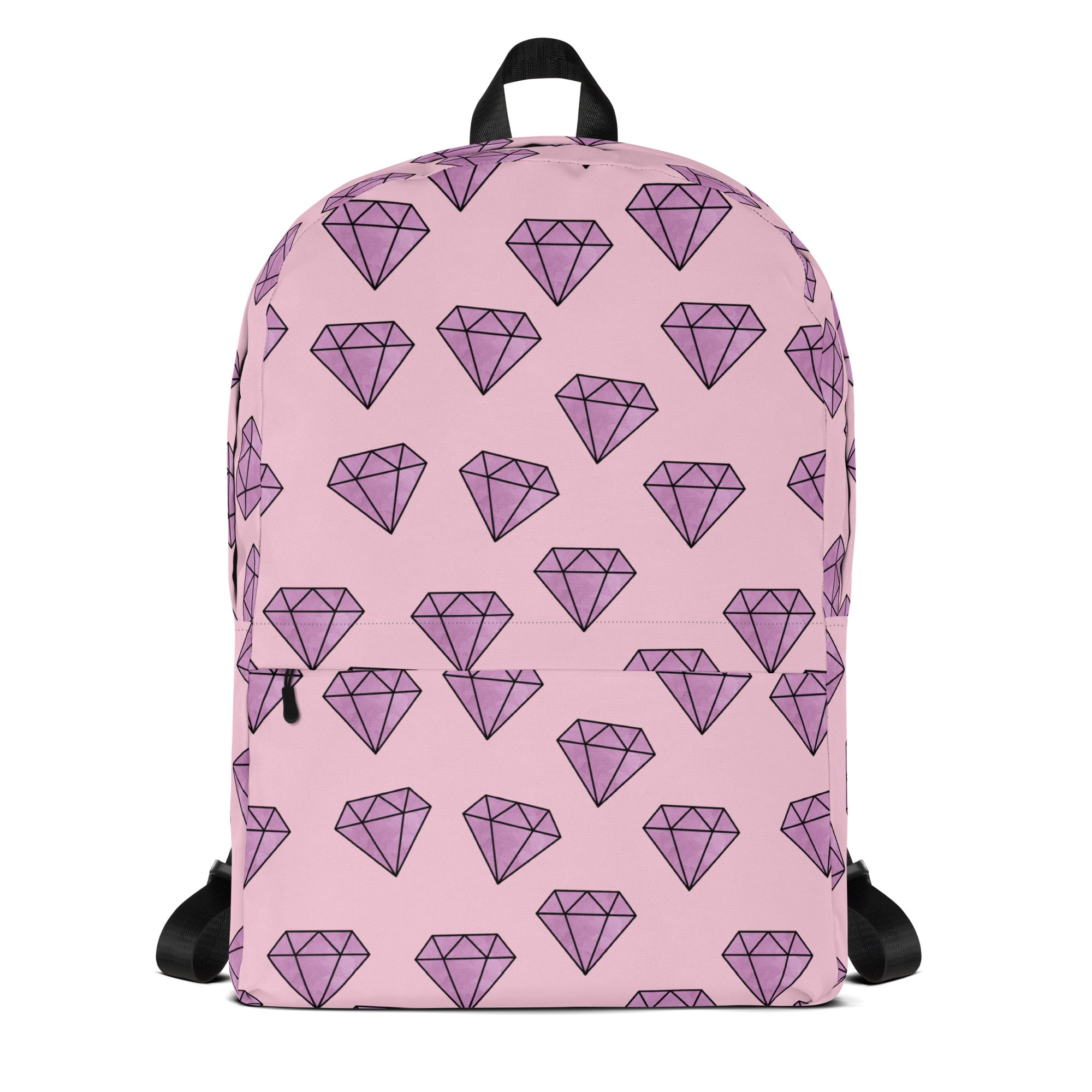 Girls purple diamonds backpack in pink with repeating purple diamond shapes outlined in black on the front side