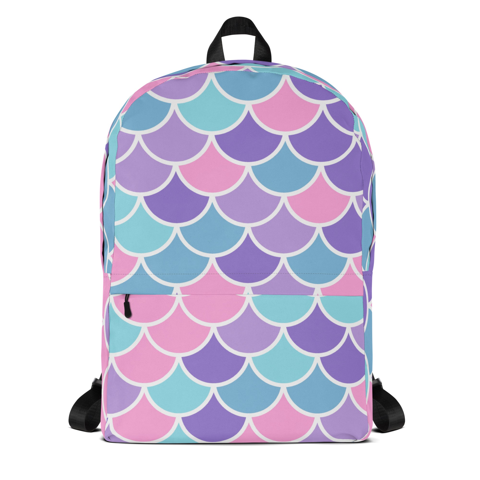 Girls mermaid scale backpack with vibrant pink purple and teal mermaid-scale pattern and white outlines on fabric