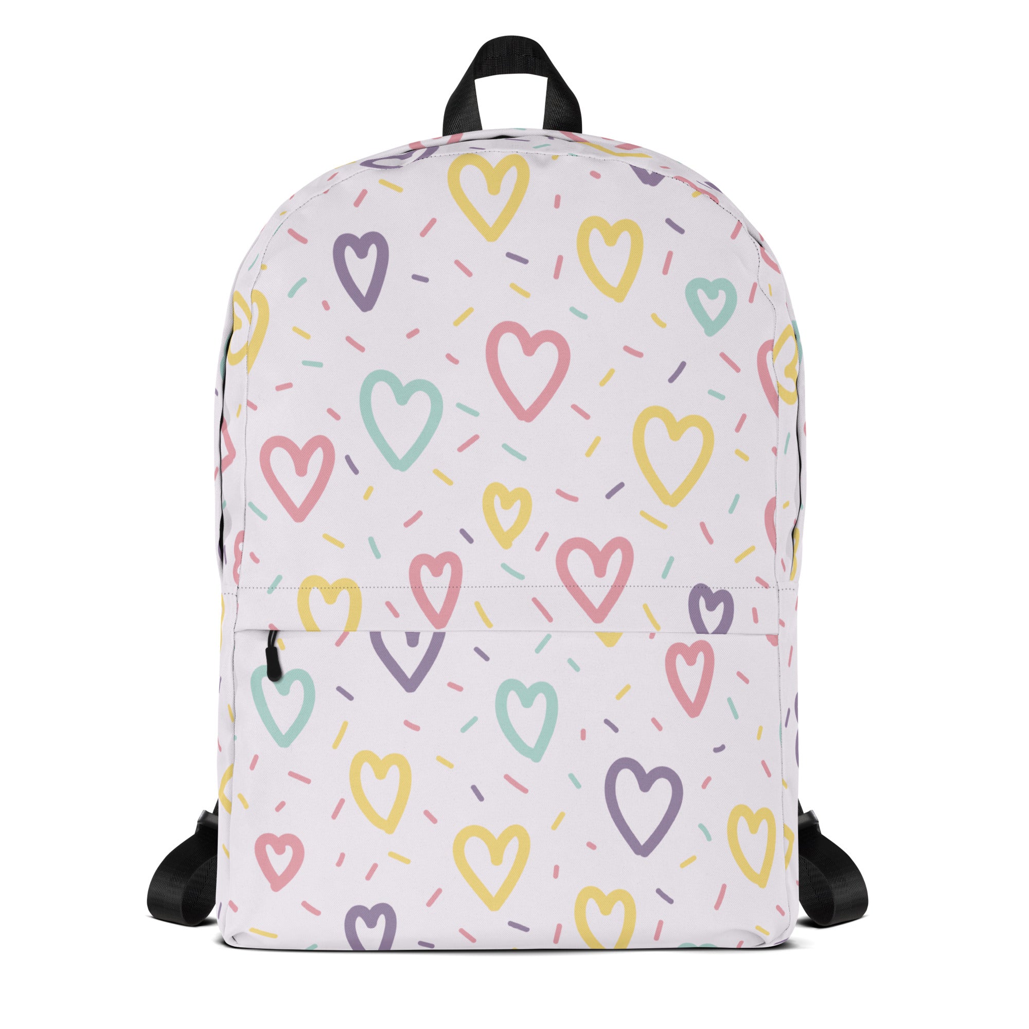 A white girls backpack with pastel hearts and sprinkles pattern in pink yellow mint green and purple