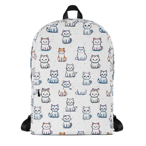 White girls cat pattern backpack with playful cartoon cats in white light blue and orange on front side