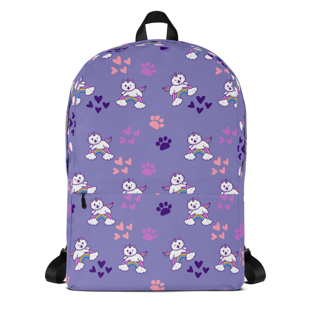 Girls purple rainbow caticorn backpack with playful white winged cats rainbows and paw prints pattern