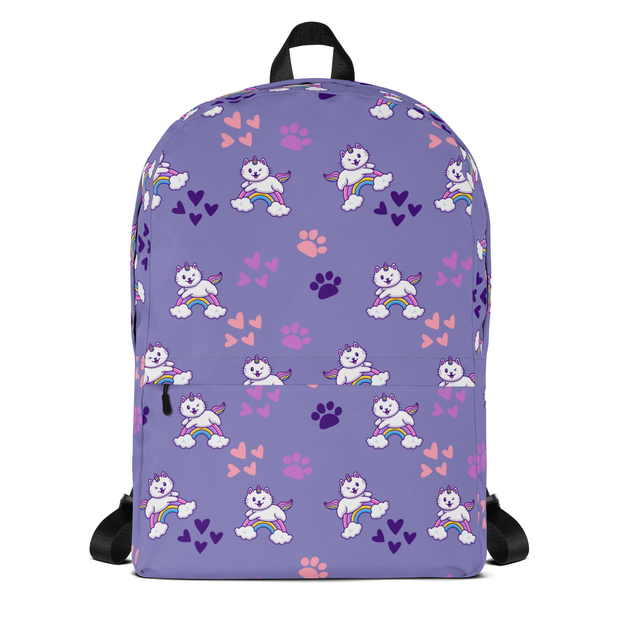 Girls purple rainbow caticorn backpack with playful white winged cats rainbows and paw prints pattern