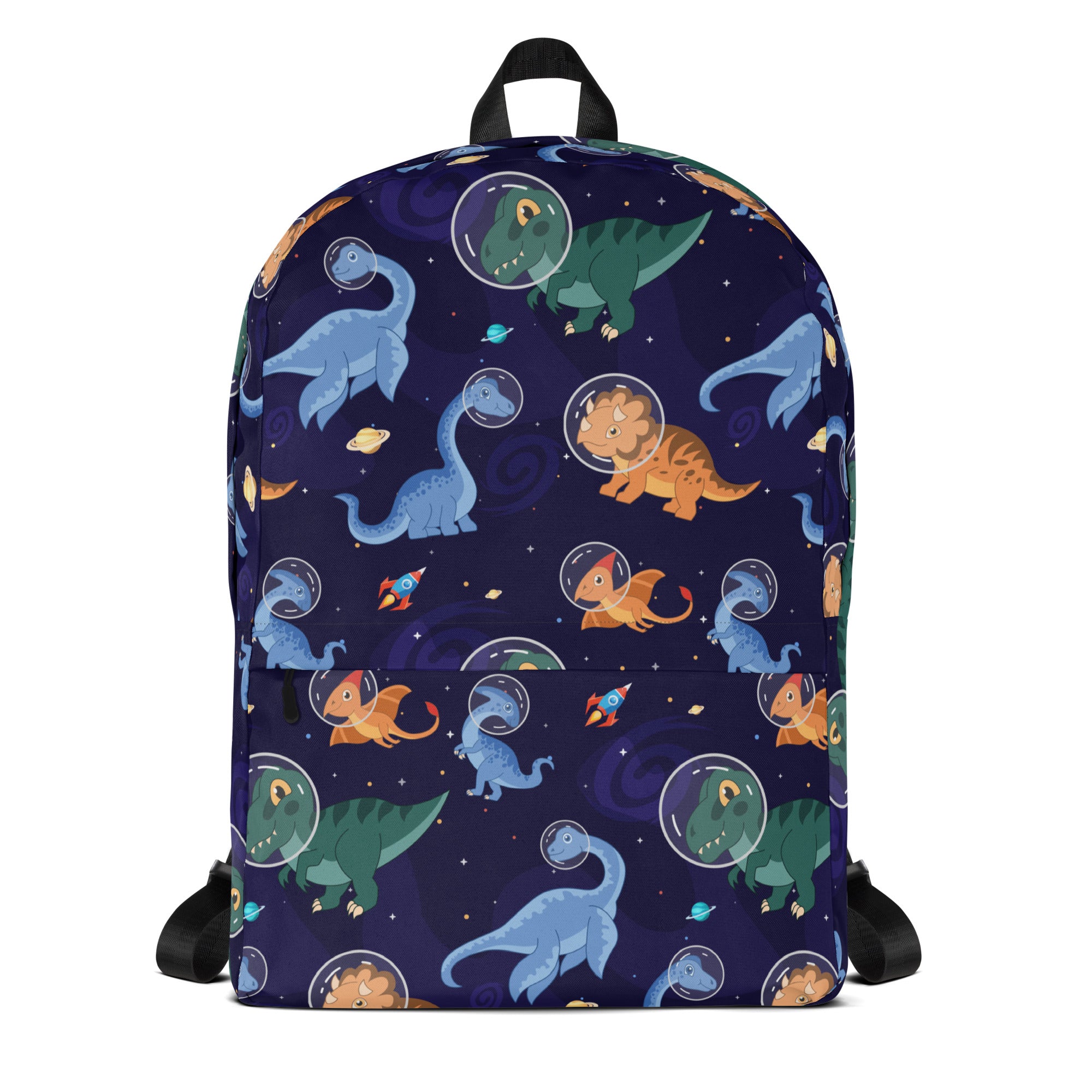 A navy blue kids space dinosaurs backpack with cartoon astronaut dinosaurs and planets on durable fabric