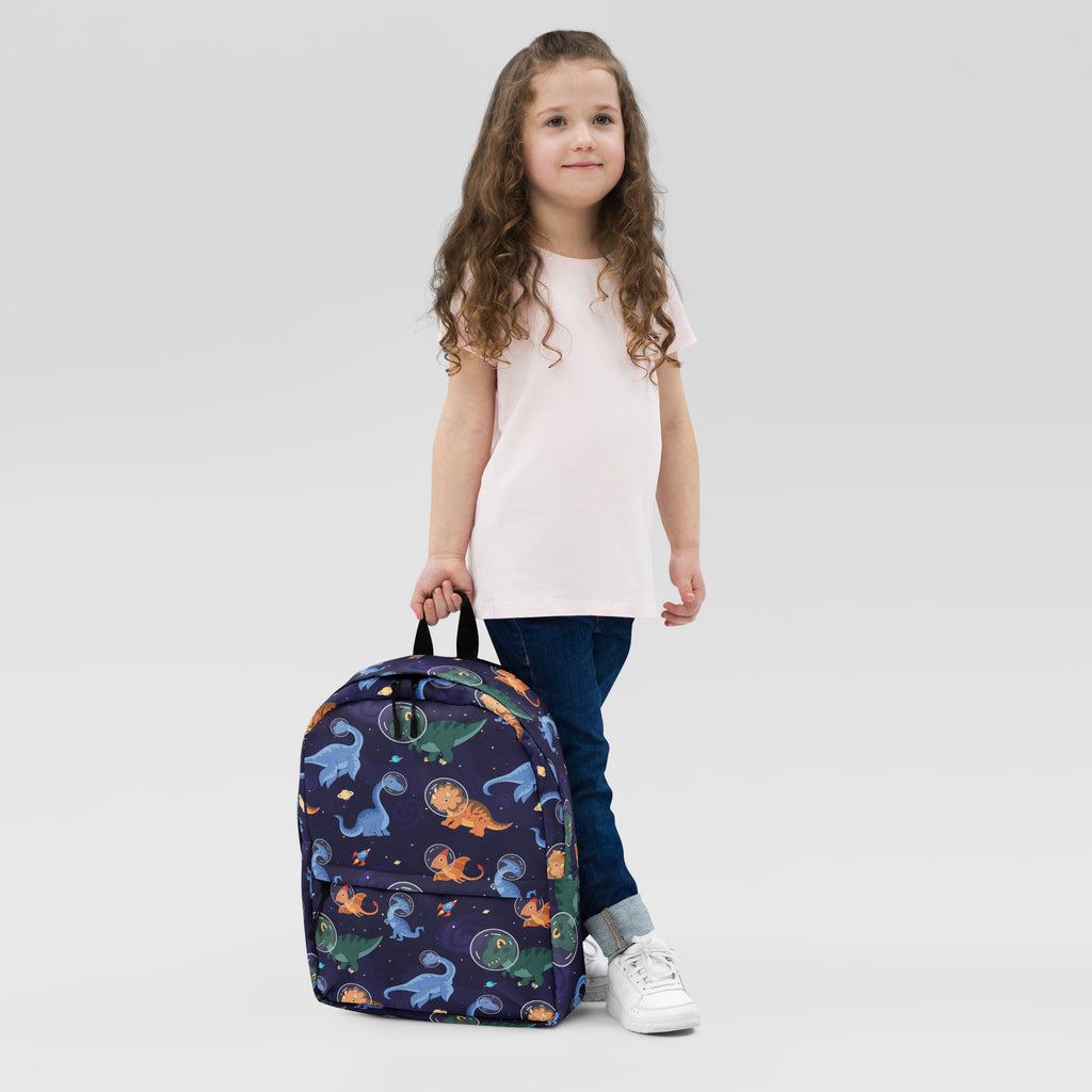 Navy blue kids space dinosaurs backpack with colorful dinosaur and space-themed print for school use