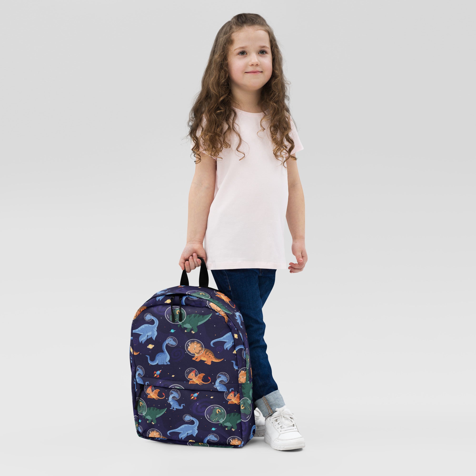 Navy blue kids space dinosaurs backpack with colorful dinosaur and space-themed print for school use