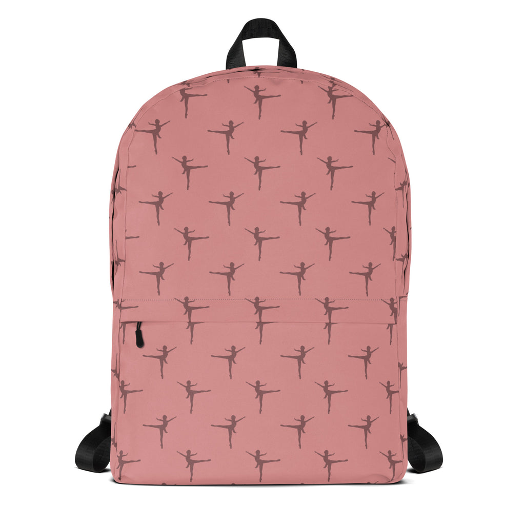 Girls pink ballerina dancer backpack with black ballet dancer silhouettes printed on a durable fabric surface