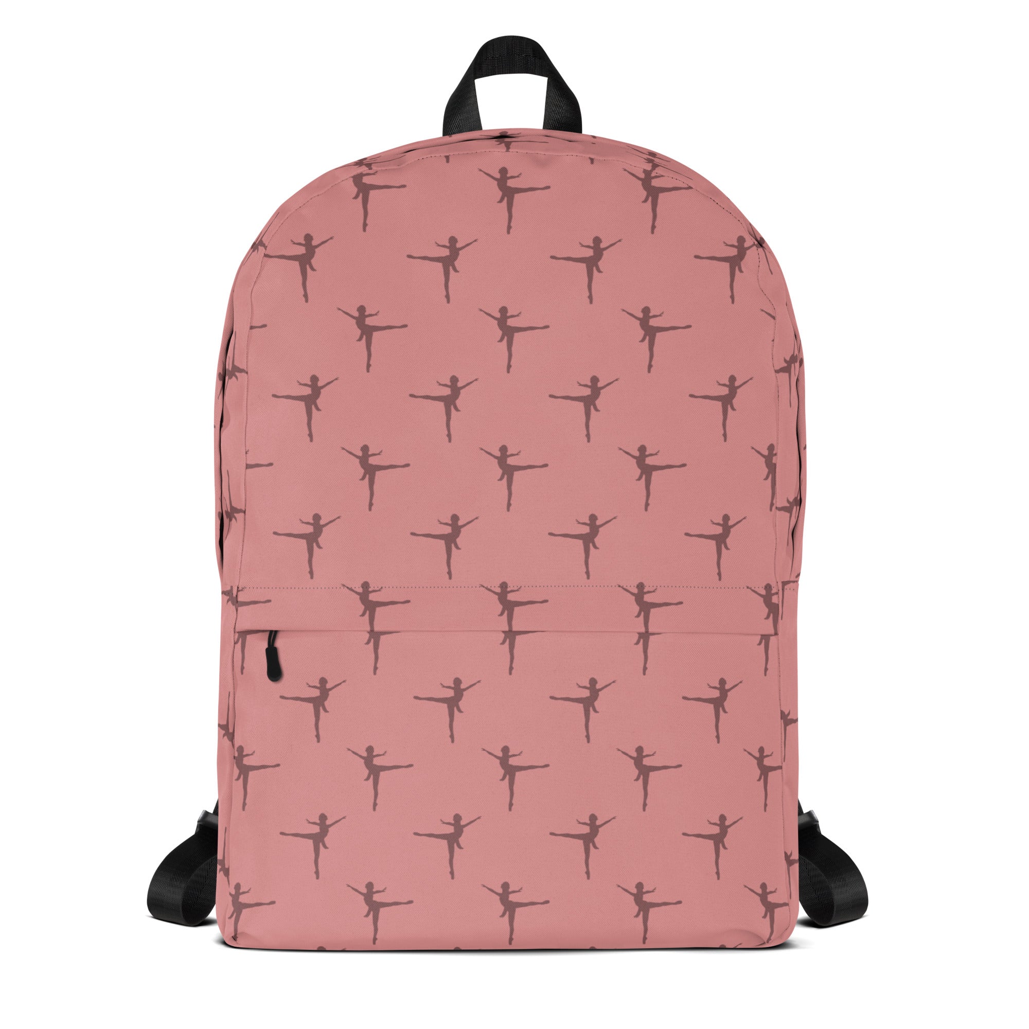 Girls pink ballerina dancer backpack with black ballet dancer silhouettes printed on a durable fabric surface