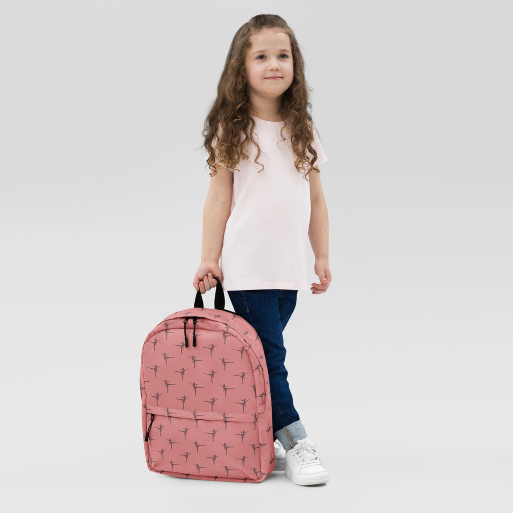 Girls pink ballerina dancer backpack featuring black ballet dancer silhouettes on the front side
