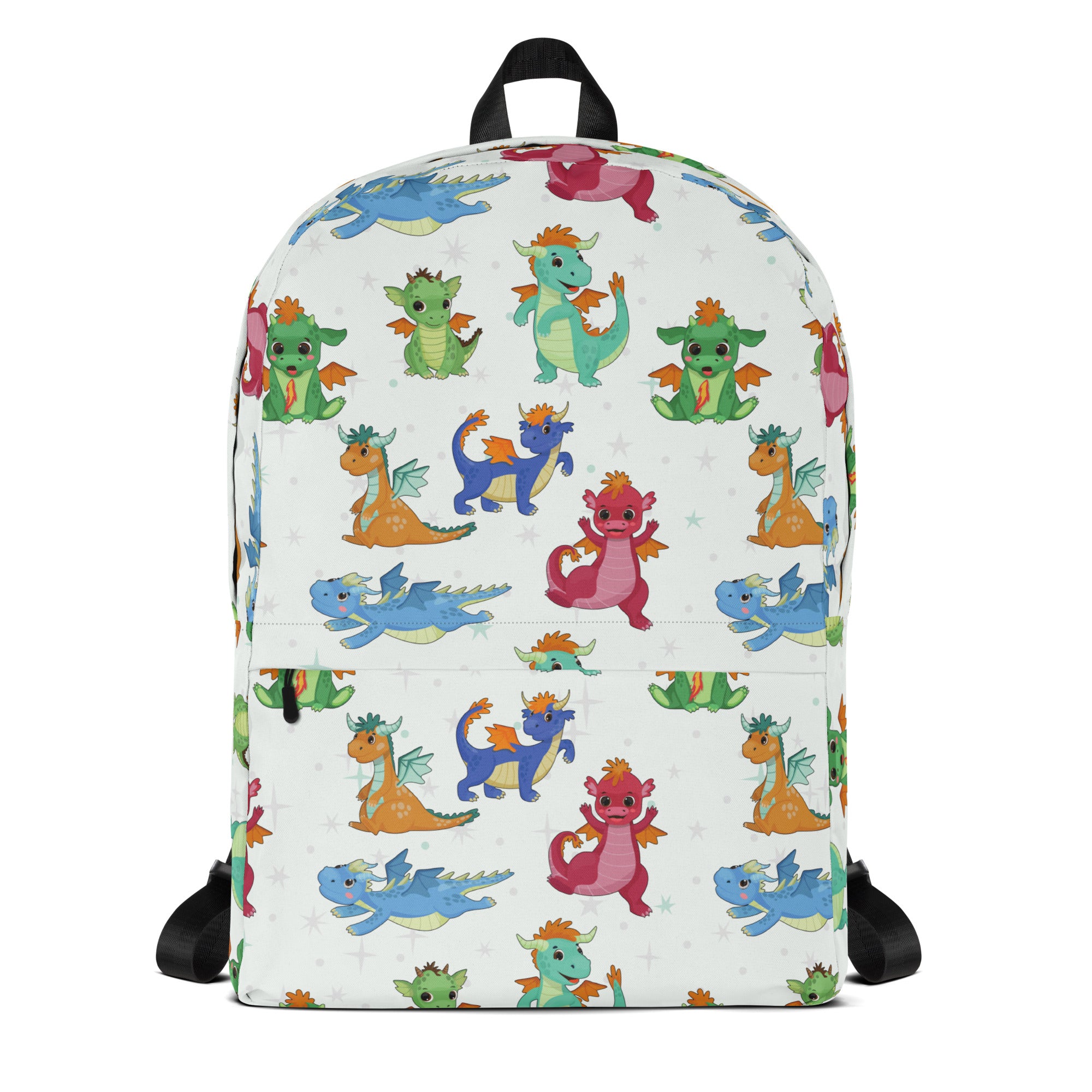 White kids cartoon dragons backpack with colorful green blue pink and orange dragon pattern for playful use