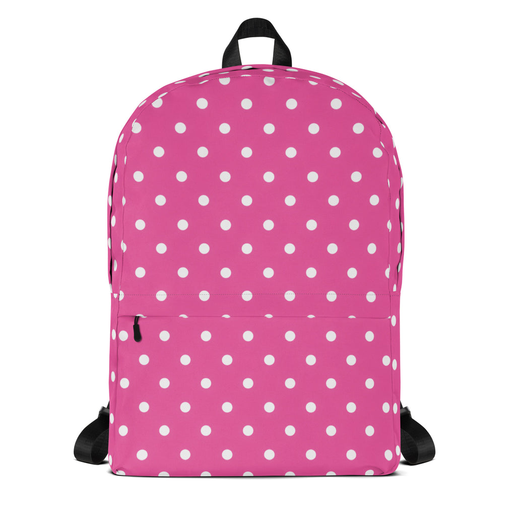 Girls pink polka dots backpack with white spots and black straps for school and daily use