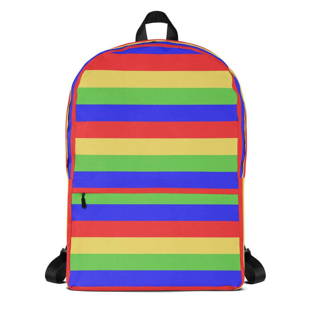 Kids colorful stripes backpack with vibrant rainbow horizontal bands in red orange yellow green blue and purple