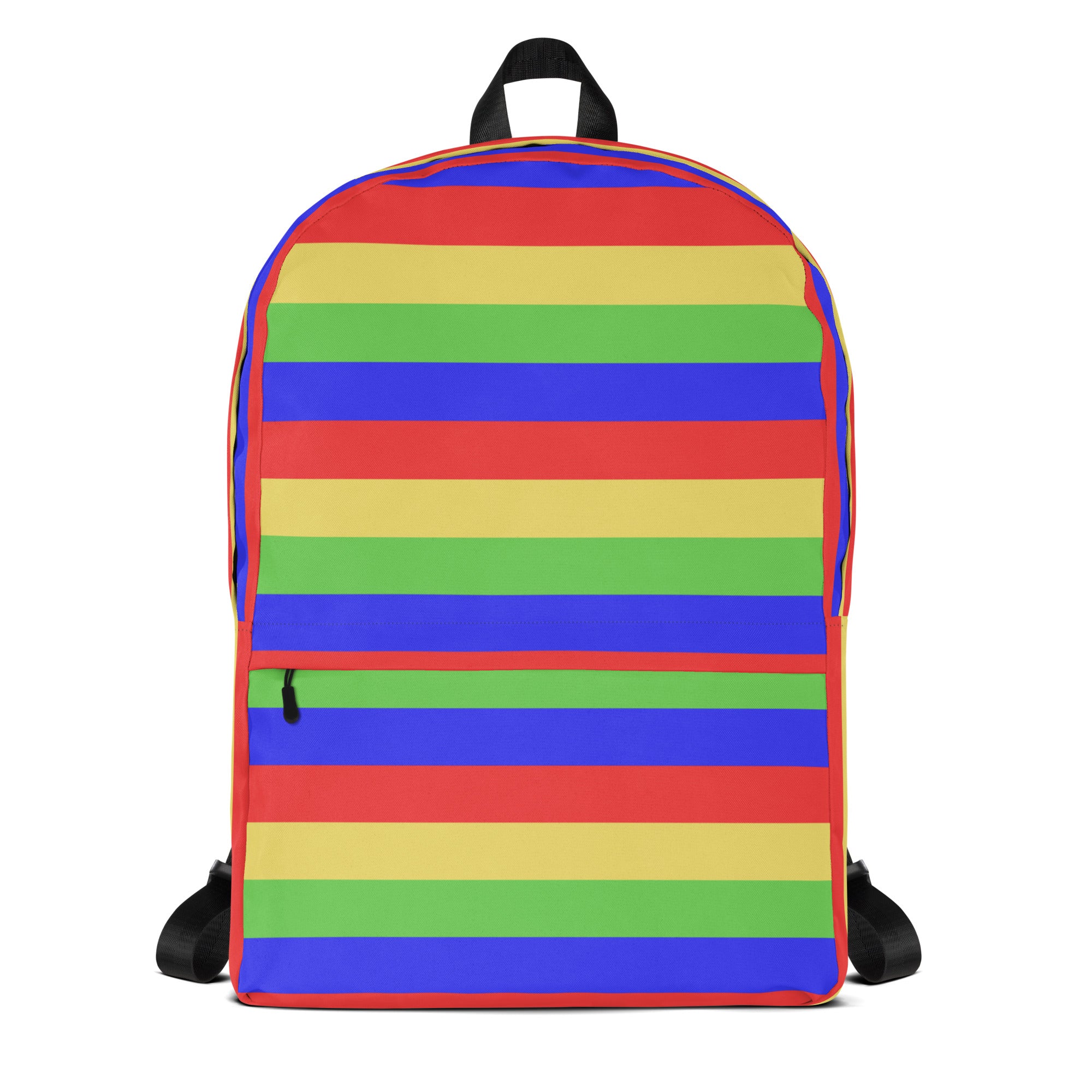 Kids colorful stripes backpack with vibrant rainbow horizontal bands in red orange yellow green blue and purple