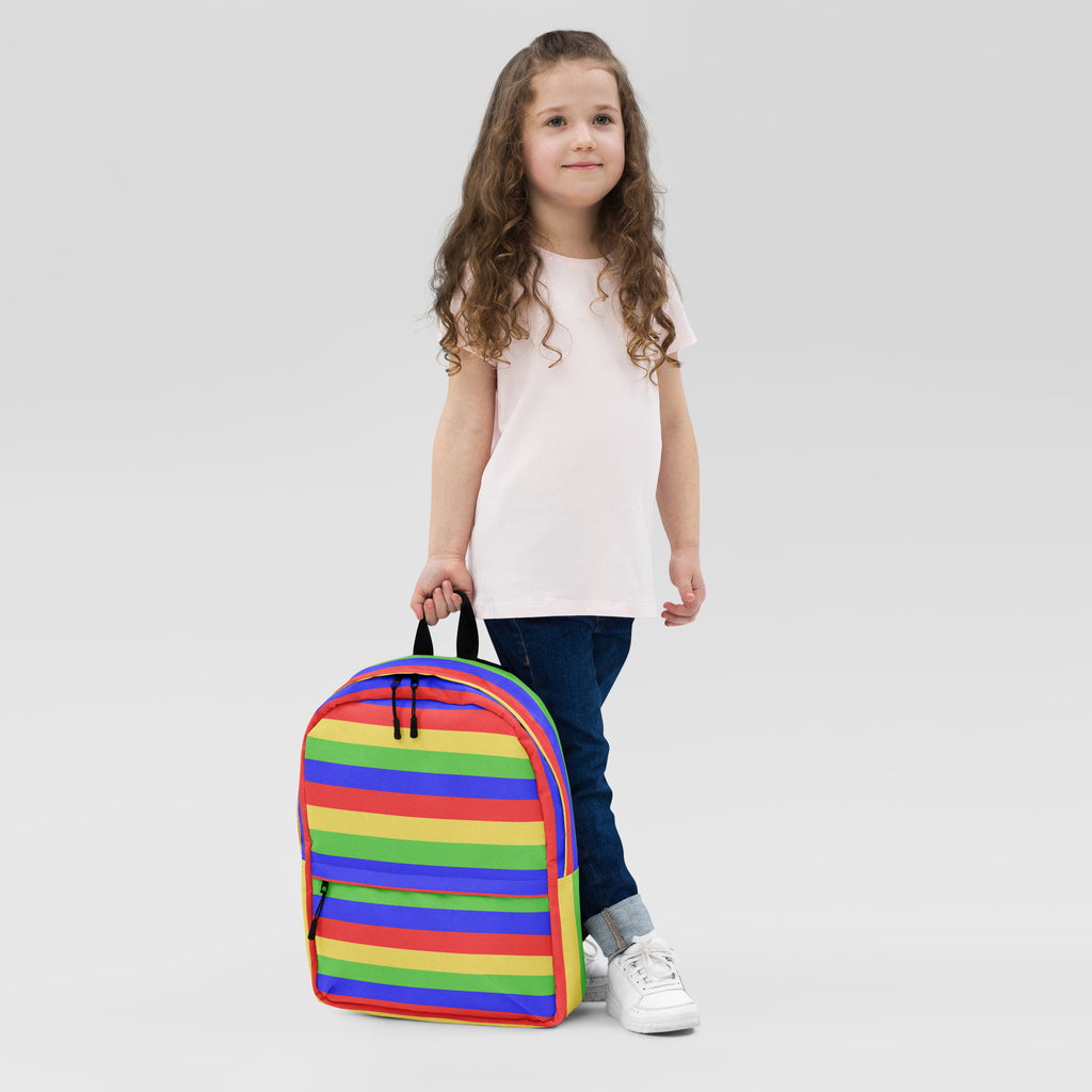 Kids colorful stripes backpack featuring rainbow-striped fabric with black zippers and handles for school use