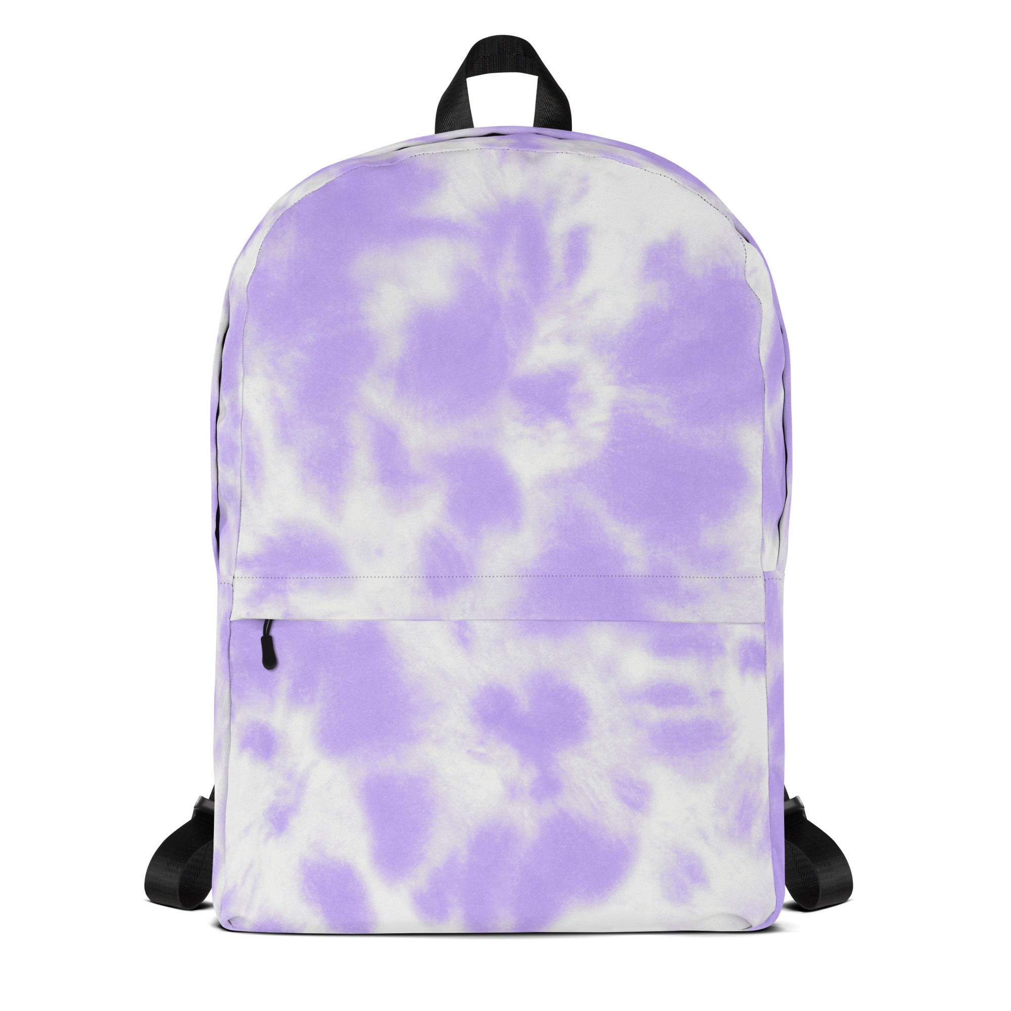Girls lavender purple tie dye backpack with black straps and top handle made of soft fabric for everyday use