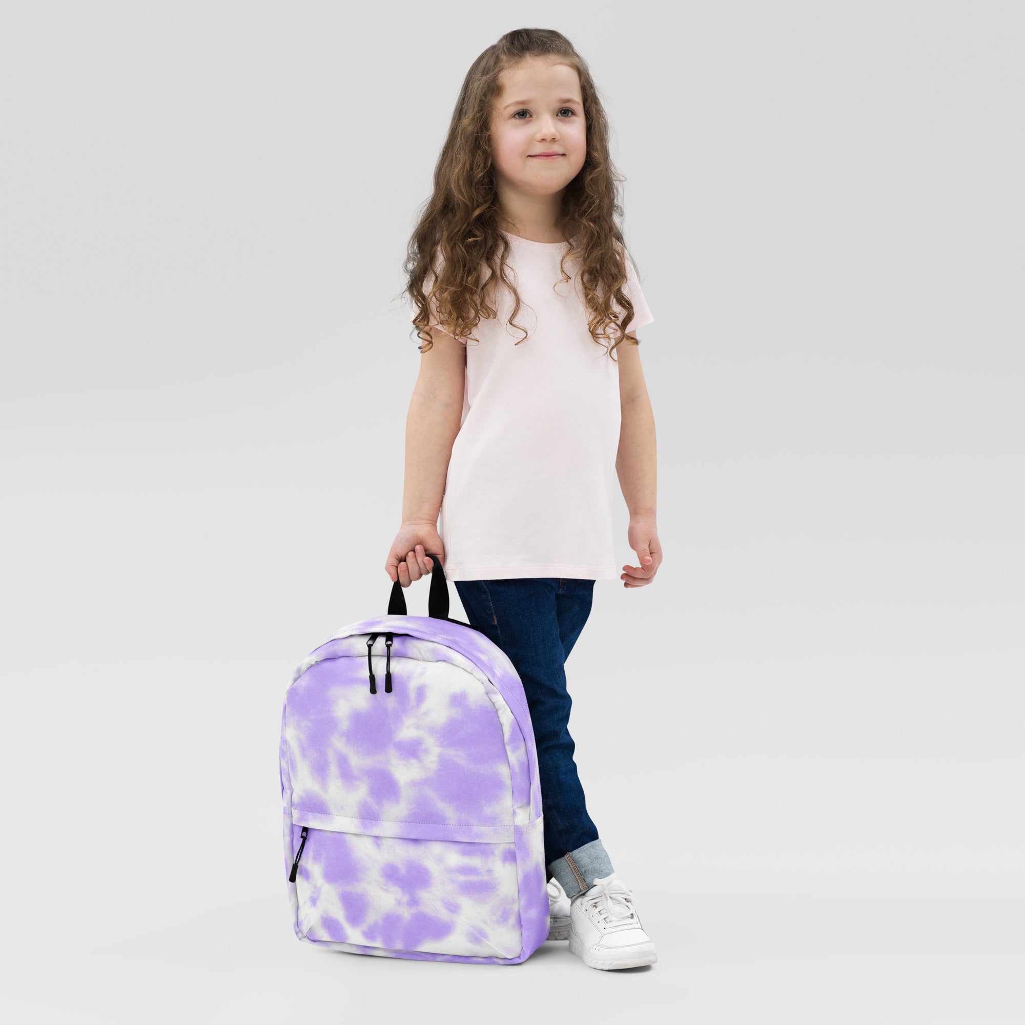 Girls lavender purple tie dye backpack with black zippers featuring a vibrant purple and white pattern
