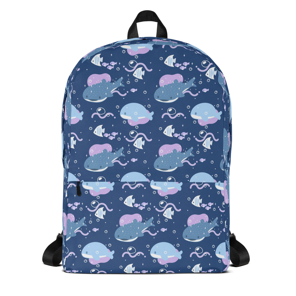 Blue girls whale shark backpack with playful underwater design featuring cartoon whales fish and jellyfish in purple and white