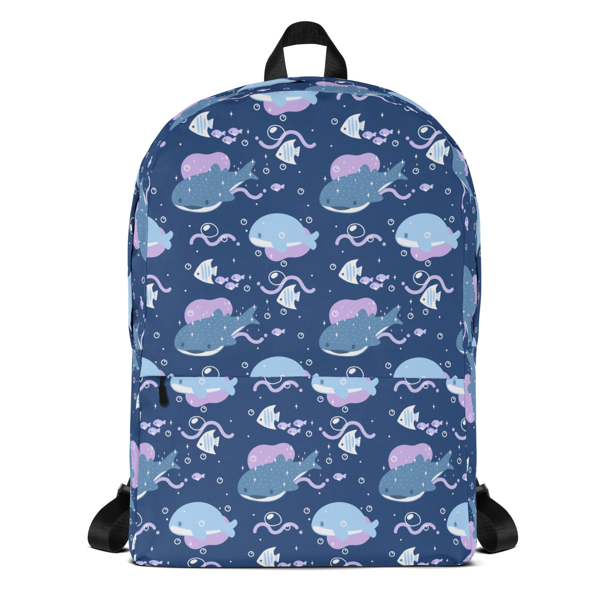 Blue girls whale shark backpack with playful underwater design featuring cartoon whales fish and jellyfish in purple and white