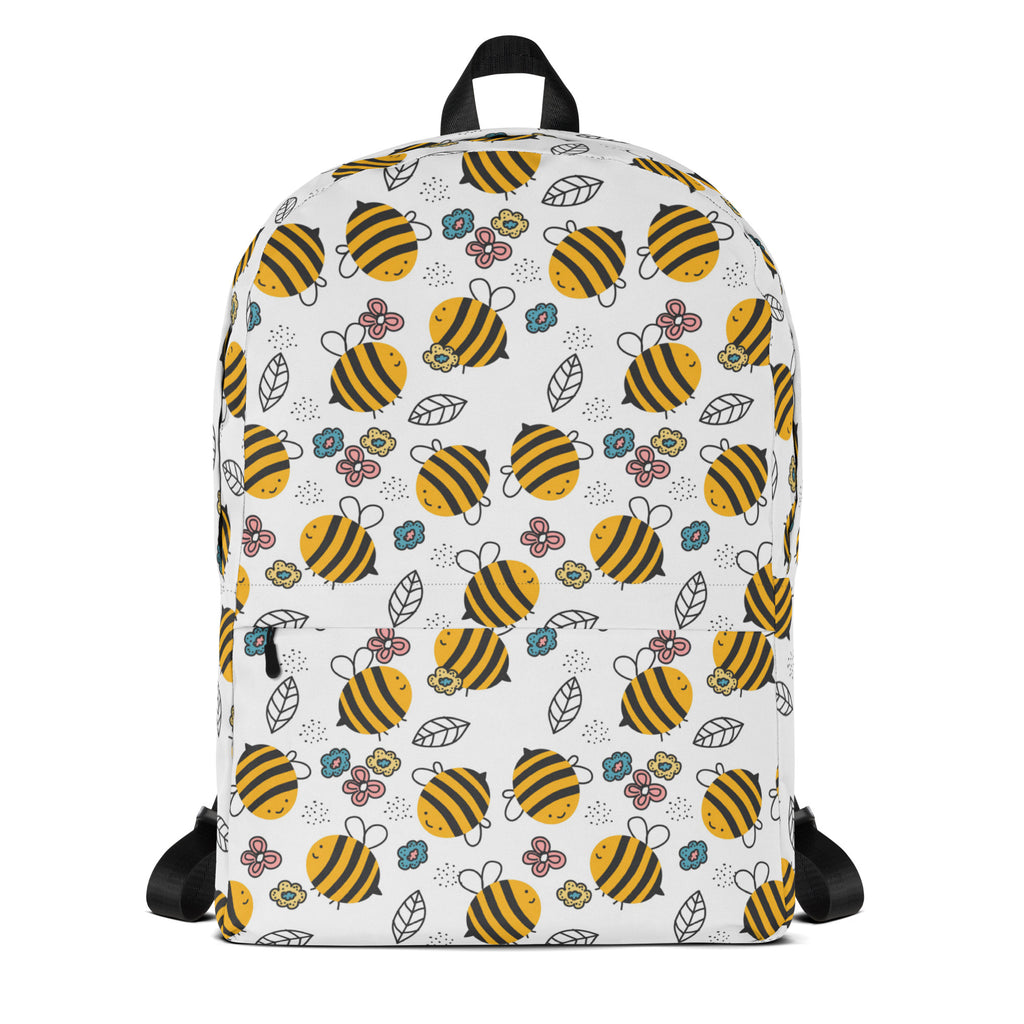 White kids floral bees backpack with yellow and black cartoon bees pink and blue flowers and green leaves pattern