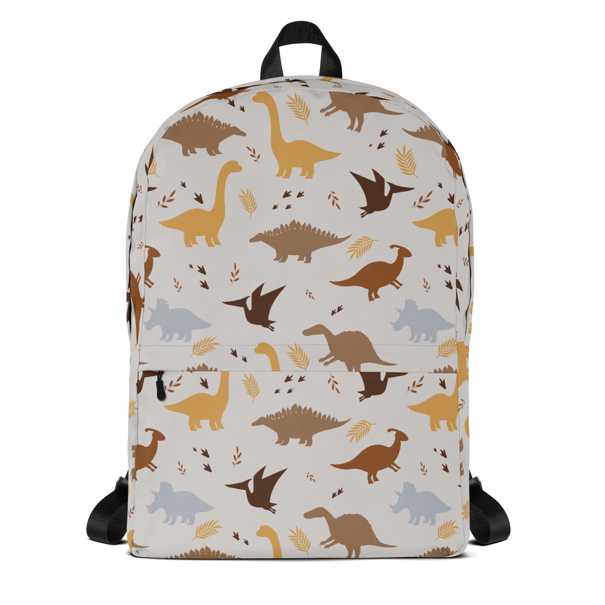 Kids dinosaur print backpack in beige with playful brown yellow and gray dinosaur and leaf pattern for kids use