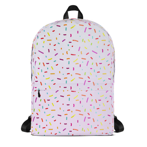 White girls backpack with colorful ice cream sprinkles pattern in red yellow green blue and purple for everyday use