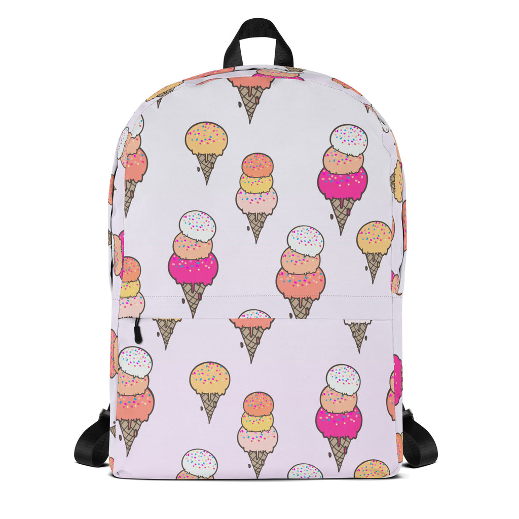 Girls ice cream cone backpack white with colorful ice cream cone pattern black straps and handle for daily use