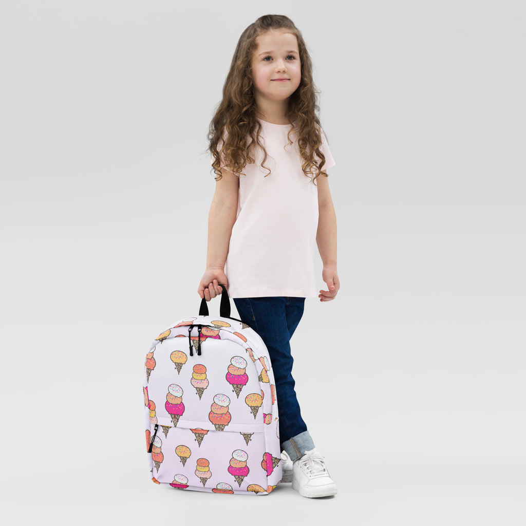 Girls ice cream cone backpack in pink with a colorful ice cream cone pattern perfect for school and outings