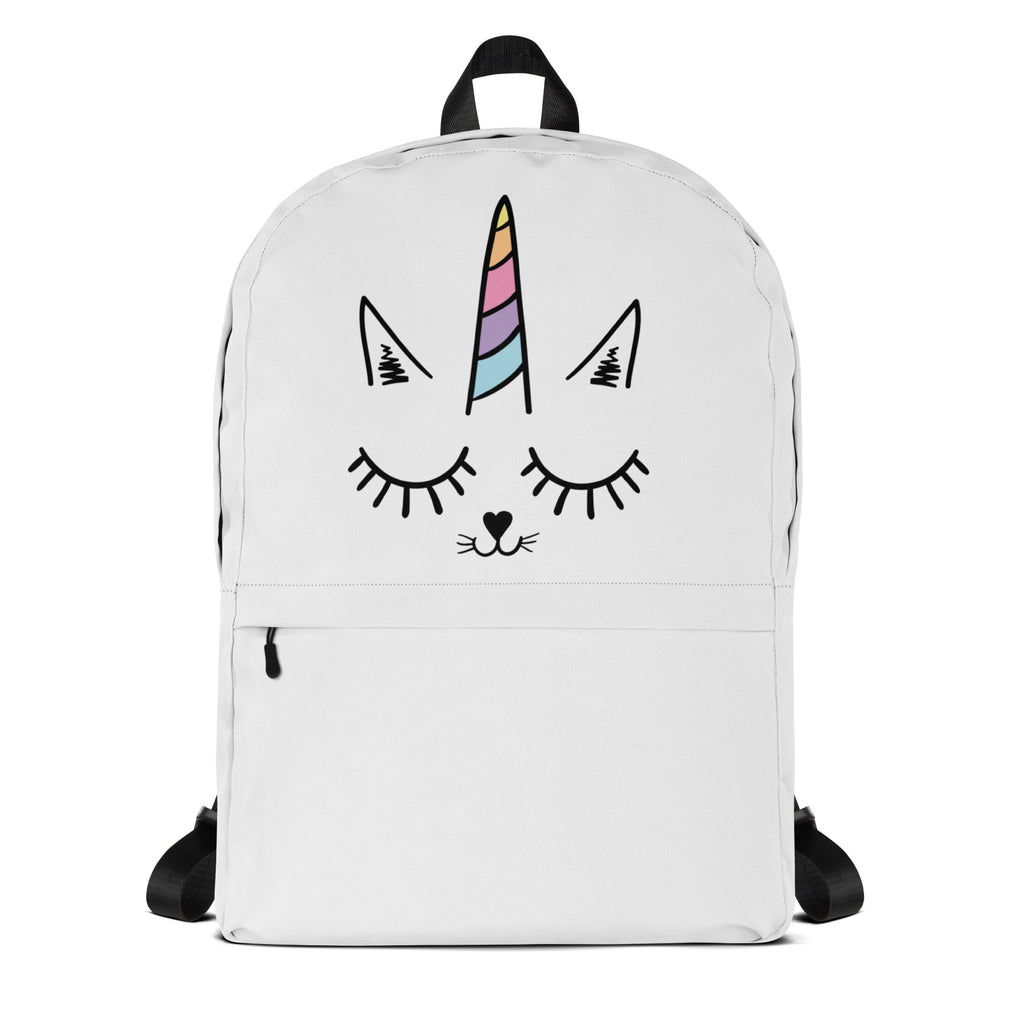 White girls caticorn face backpack featuring a cute unicorn cat design with rainbow horn and black outlines