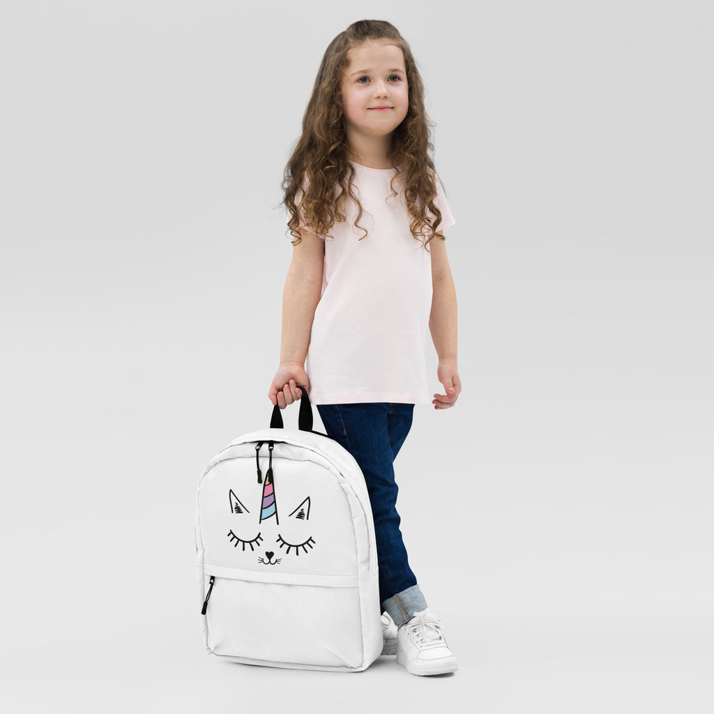 White girls caticorn face backpack with unicorn design black straps and zipper pulls for everyday use