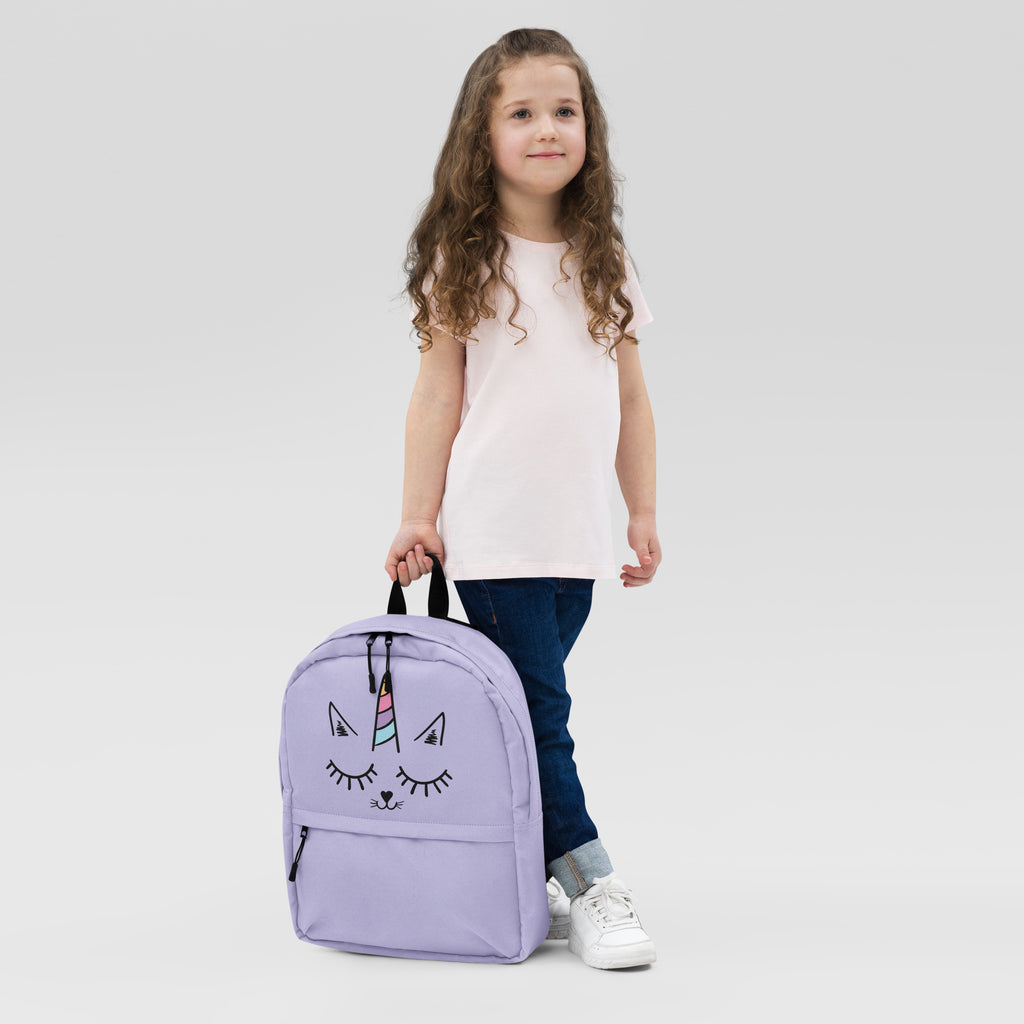 Lavender girls caticorn face backpack with unicorn theme black straps and zipper pulls for school use