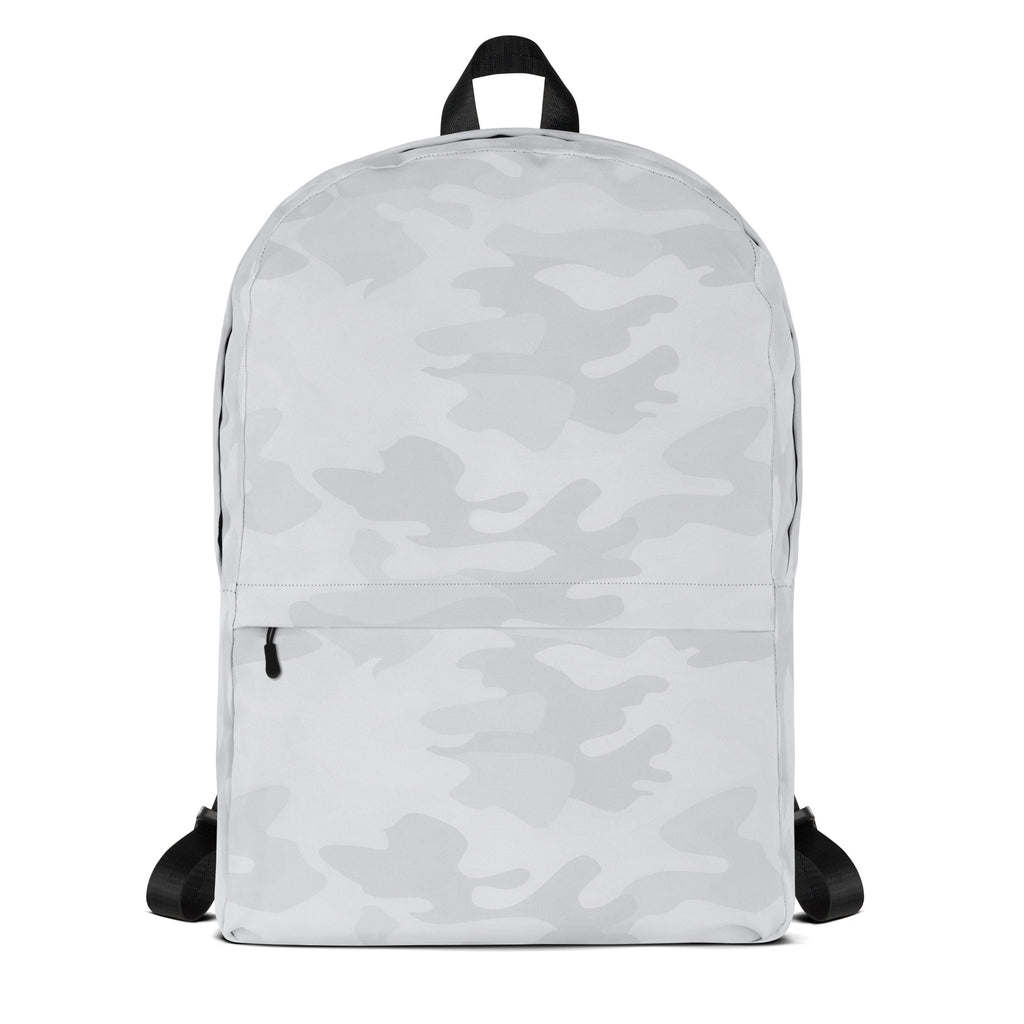 Kids white camouflage backpack with black straps and top handle designed for durability and everyday use