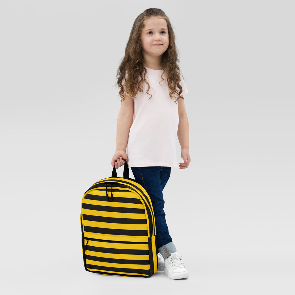 Yellow and black striped kids bee stripes backpack with playful bee design and adjustable straps for school use