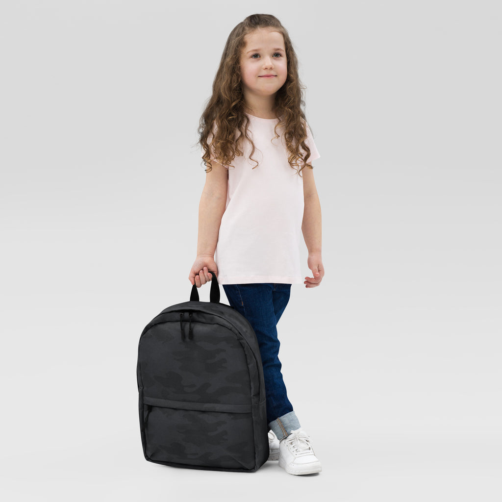 Kids black camouflage backpack with simple design dual top handles and durable material for everyday use