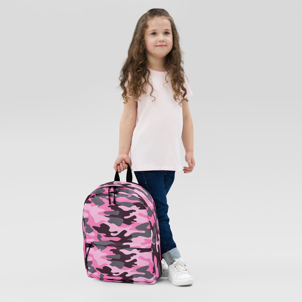 Girls pink camouflage backpack with pink and black pattern made of durable fabric for everyday use