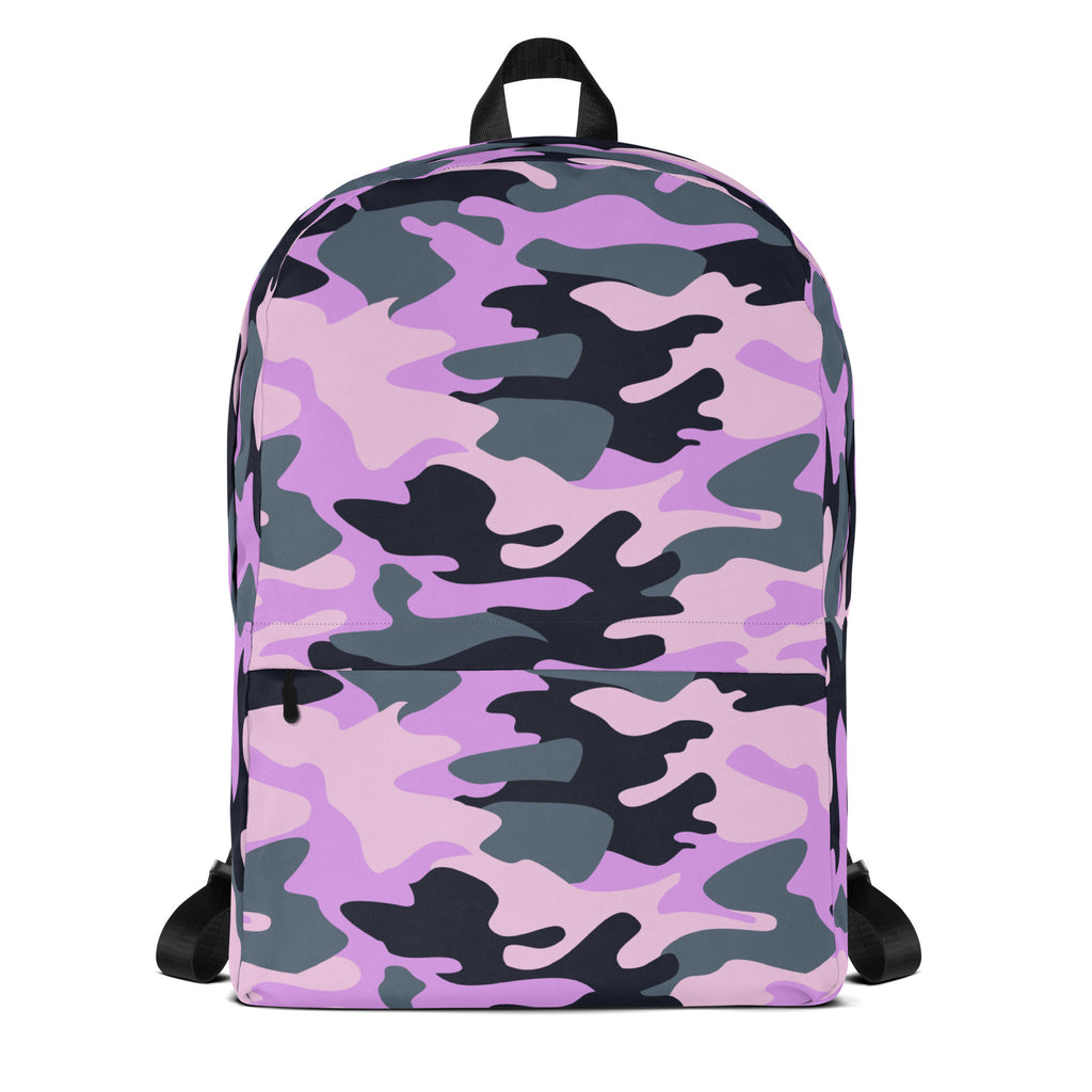 Girls purple camouflage backpack featuring pink gray and black pattern with a front zippered pocket for storage