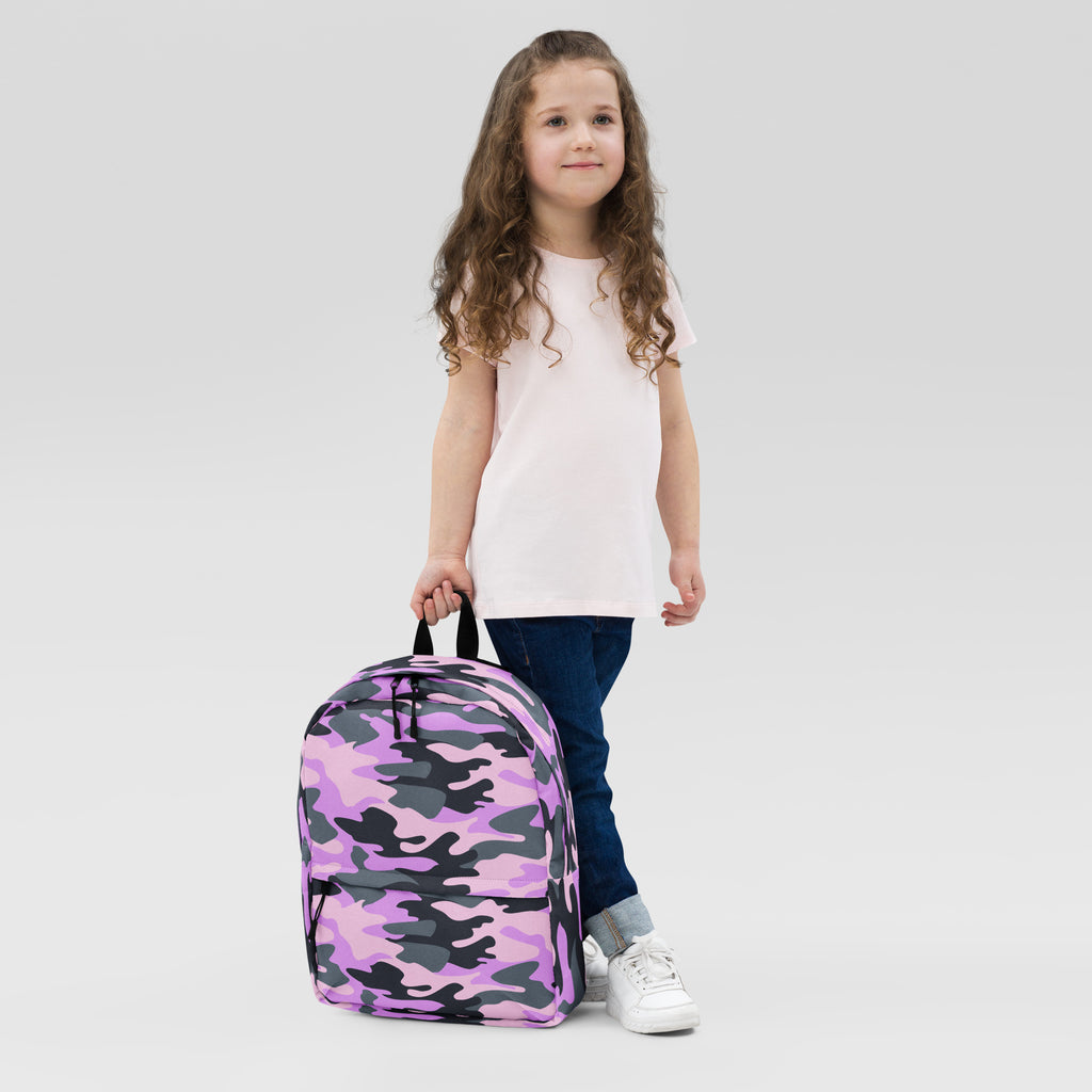 Girls purple camouflage backpack with purple and black pattern and black straps shown from the back side