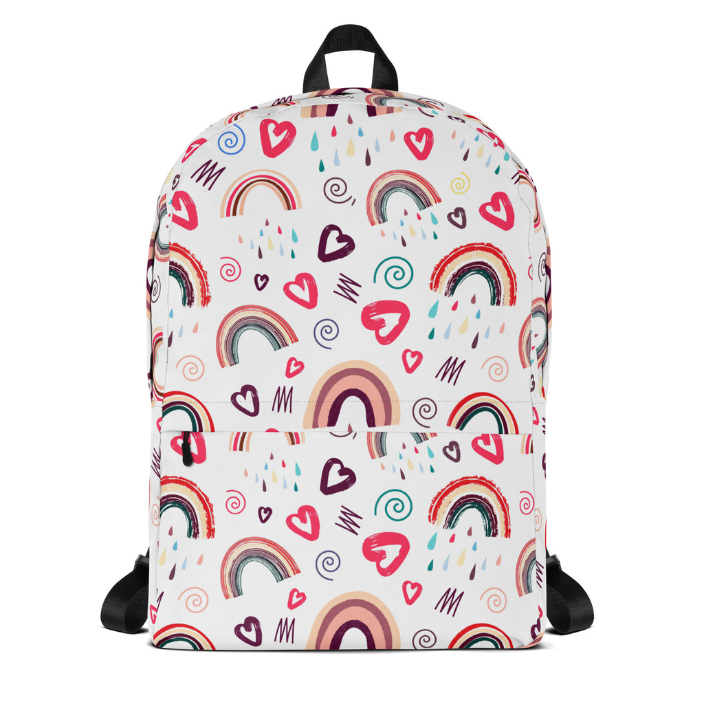 White girls rainbow hearts doodle backpack with colorful rainbows hearts and swirls pattern in pink red teal and brown