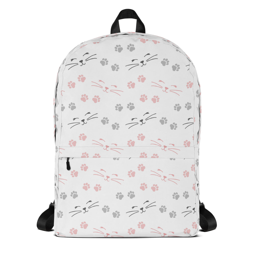 White girls paw print cat backpack with playful pink and gray cat faces whiskers and paw prints pattern