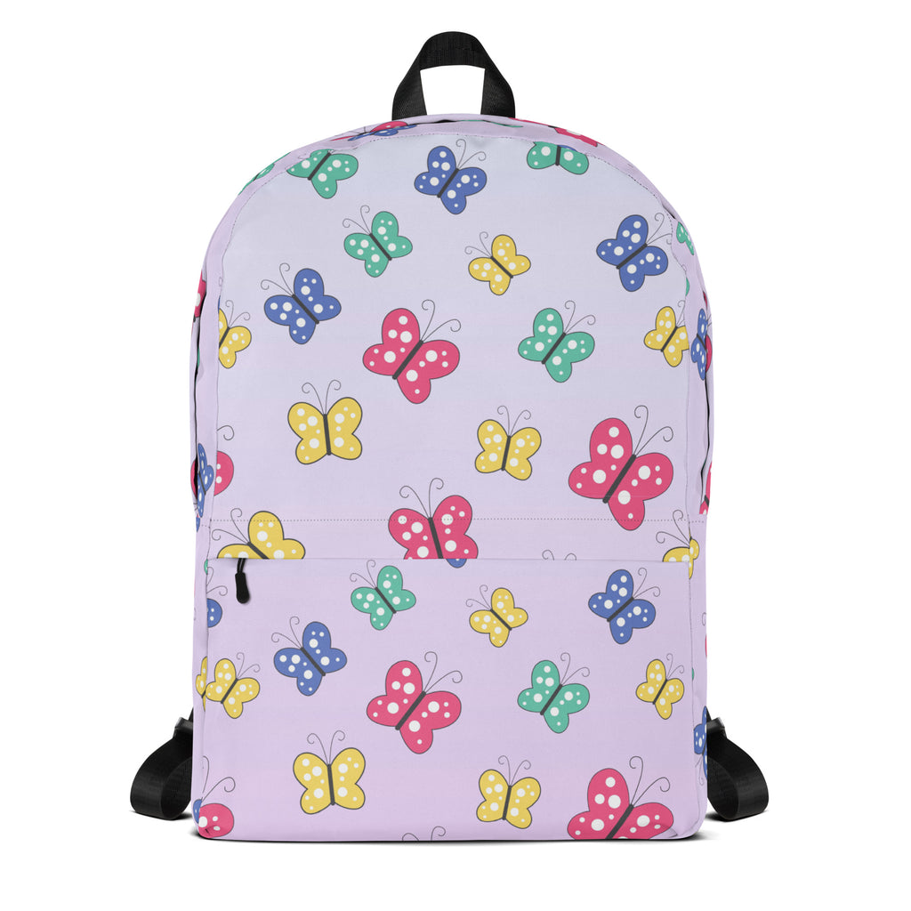 Girls colorful butterfly backpack in lavender with playful pink yellow blue and green cartoon butterfly pattern