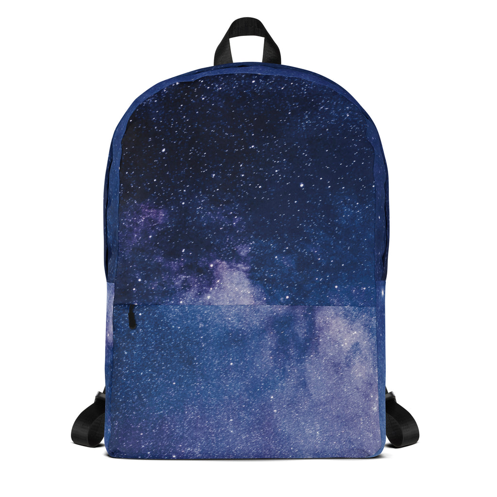 Kids realistic galaxy backpack in navy blue with a starry night sky and swirling purple and white nebulae design