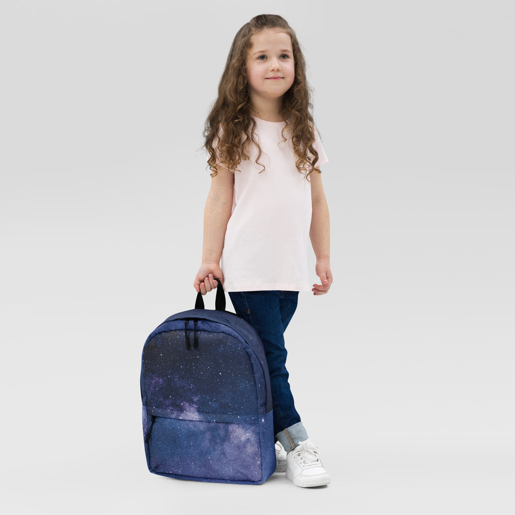 A navy blue kids realistic galaxy backpack with a starry night sky design featuring subtle gradients and speckles