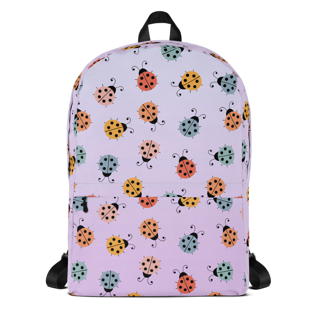 Girls colorful ladybug backpack in lavender with a playful pattern of orange yellow and teal ladybugs
