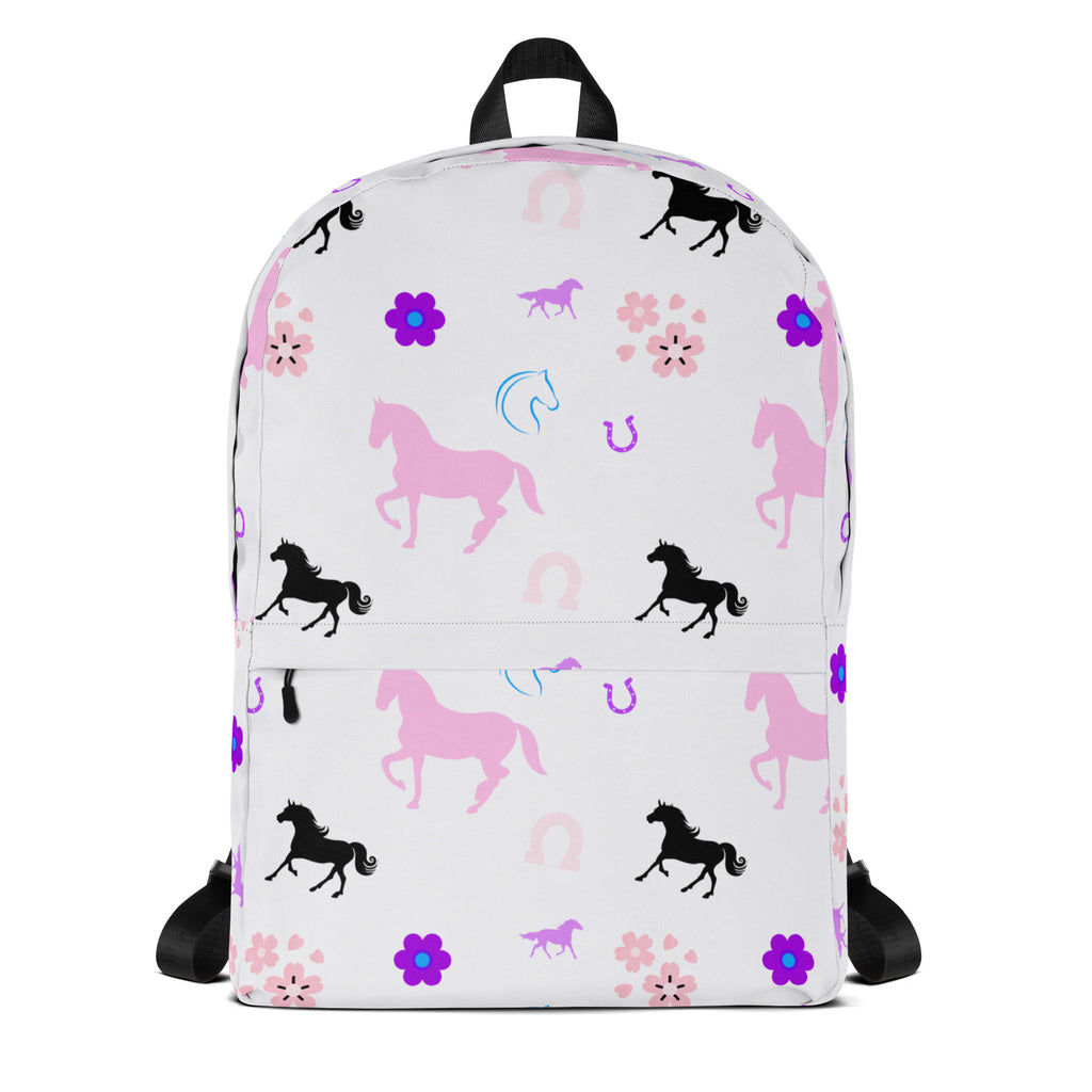 White girls horse print backpack with playful pink and black horse silhouettes purple flowers and horseshoes pattern