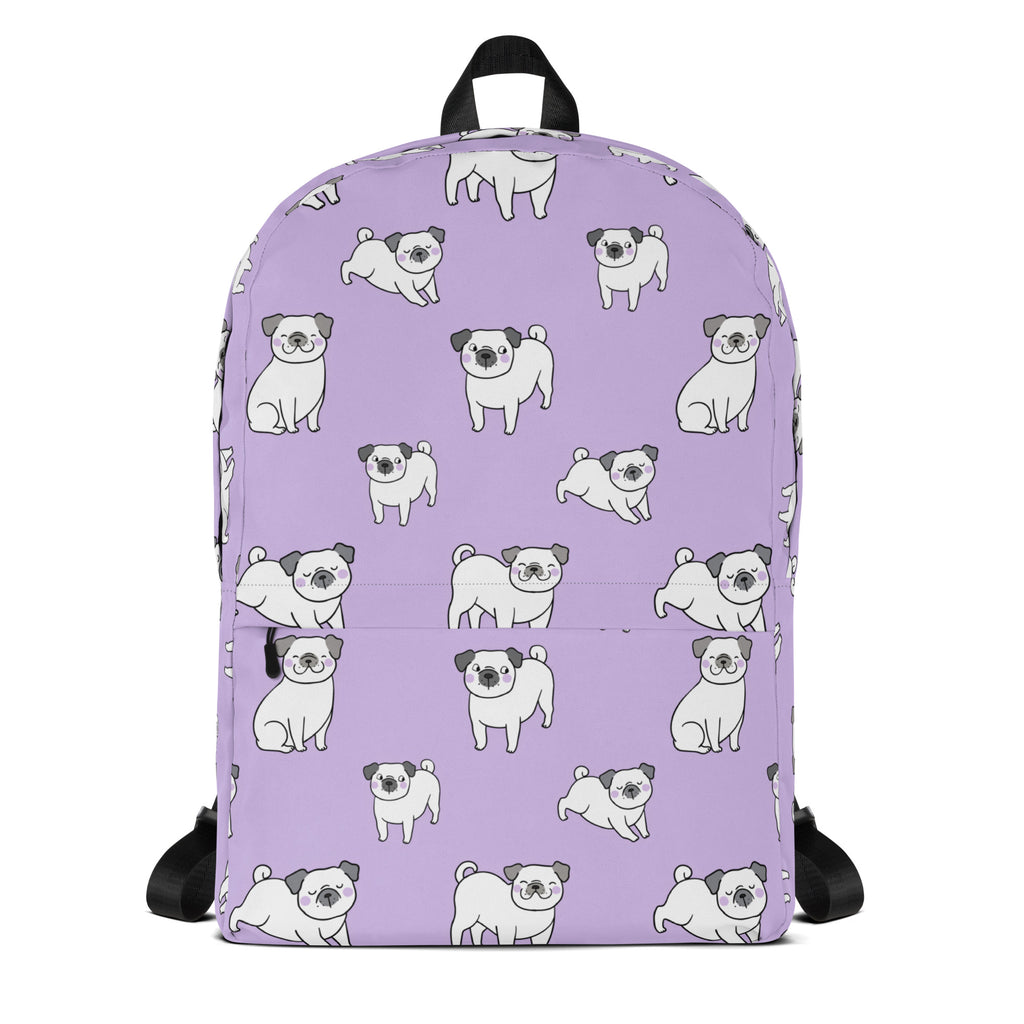 Girls purple backpack with a repeating pattern of white and gray cartoon pugs on durable fabric