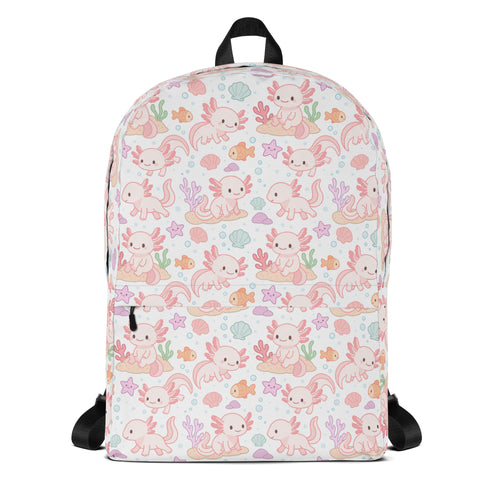 White girls axolotl backpack with cute pink axolotl pattern coral fish and seashells for everyday use