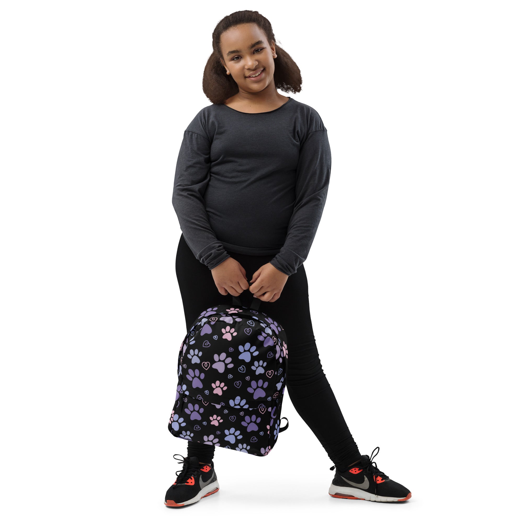 Girls Black Paw Print Backpack - Water-Resistant School Bag With Adjustable Padded Straps & Breathable Mesh Back