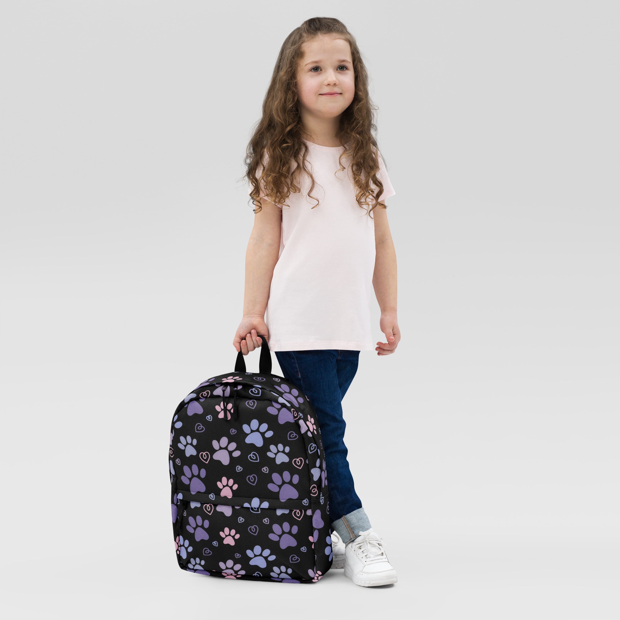 Girls Black Paw Print Backpack - Water-Resistant School Bag With Adjustable Padded Straps & Breathable Mesh Back
