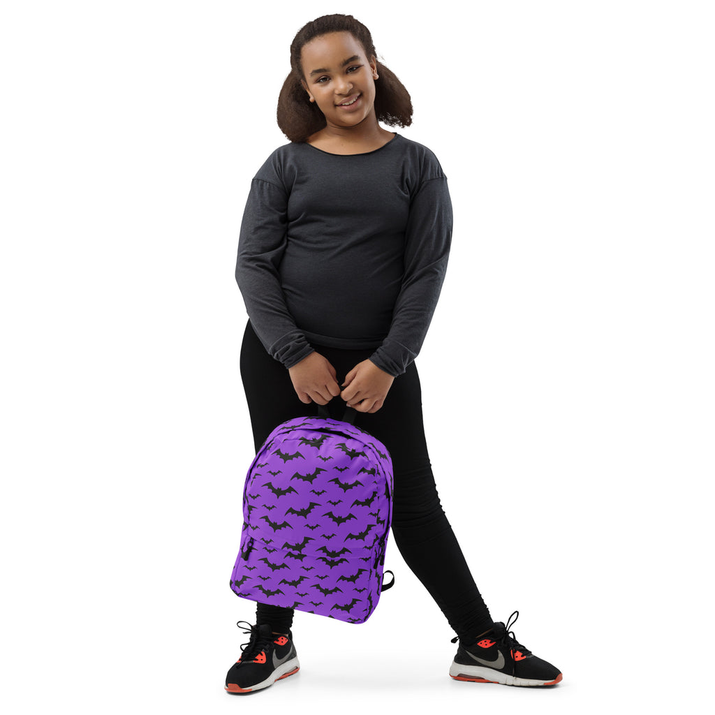 Kids Purple Bats Backpack - Water-Resistant School Bag With Adjustable Padded Straps & Breathable Mesh Back