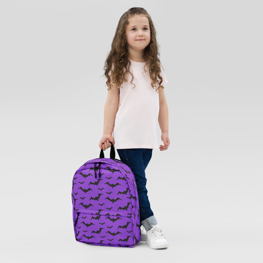 Kids Purple Bats Backpack - Water-Resistant School Bag With Adjustable Padded Straps & Breathable Mesh Back