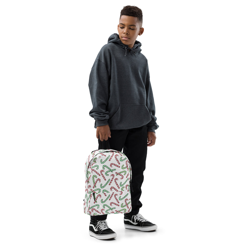 Kids Red & Green Candy Cane Christmas Backpack - Water-Resistant School Bag With Adjustable Padded Straps & Breathable Mesh Back
